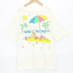 Vintage Attivo Unisex Retro Beige Short Sleeve Beach Lady Graphic T-Shirt OS 90s